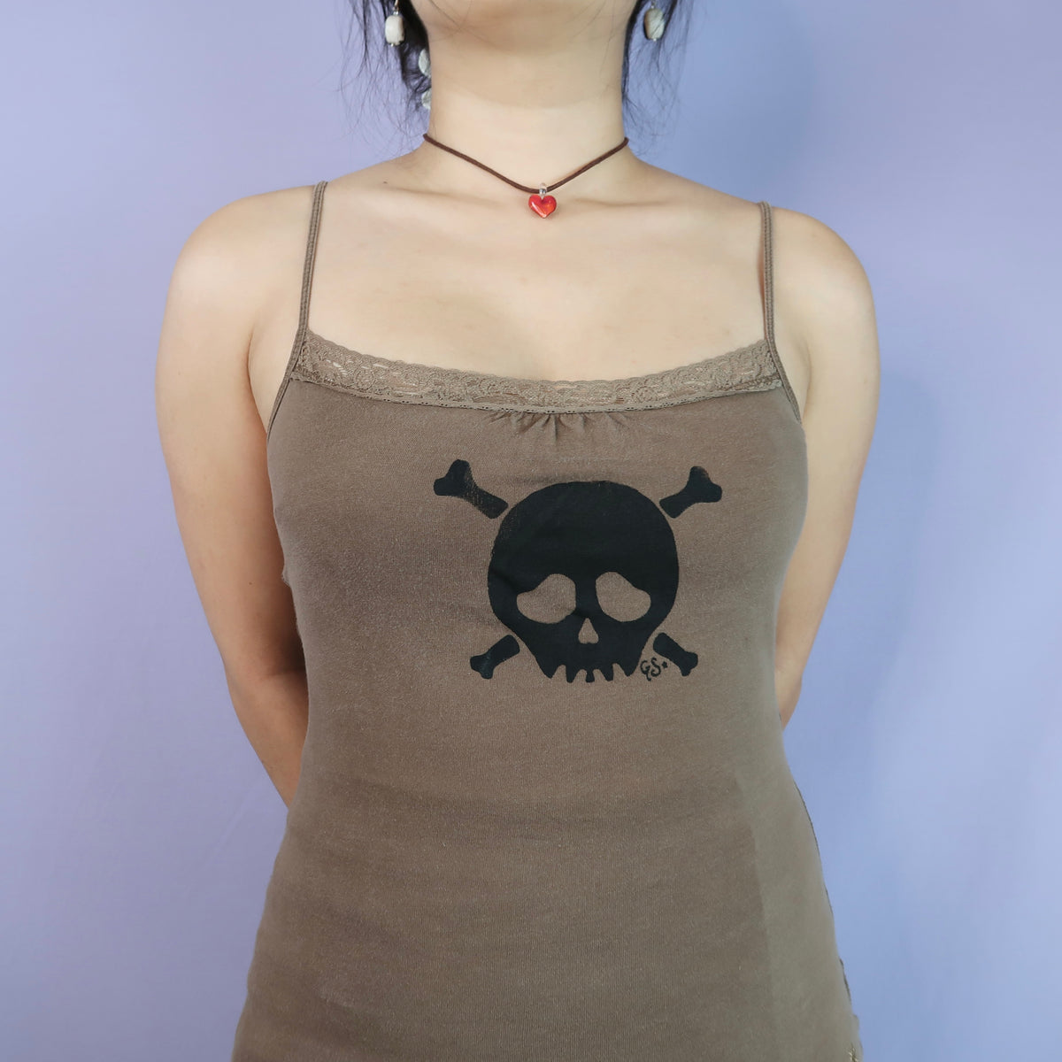 "Grim Skull" Brown Lace Tank Top - Small