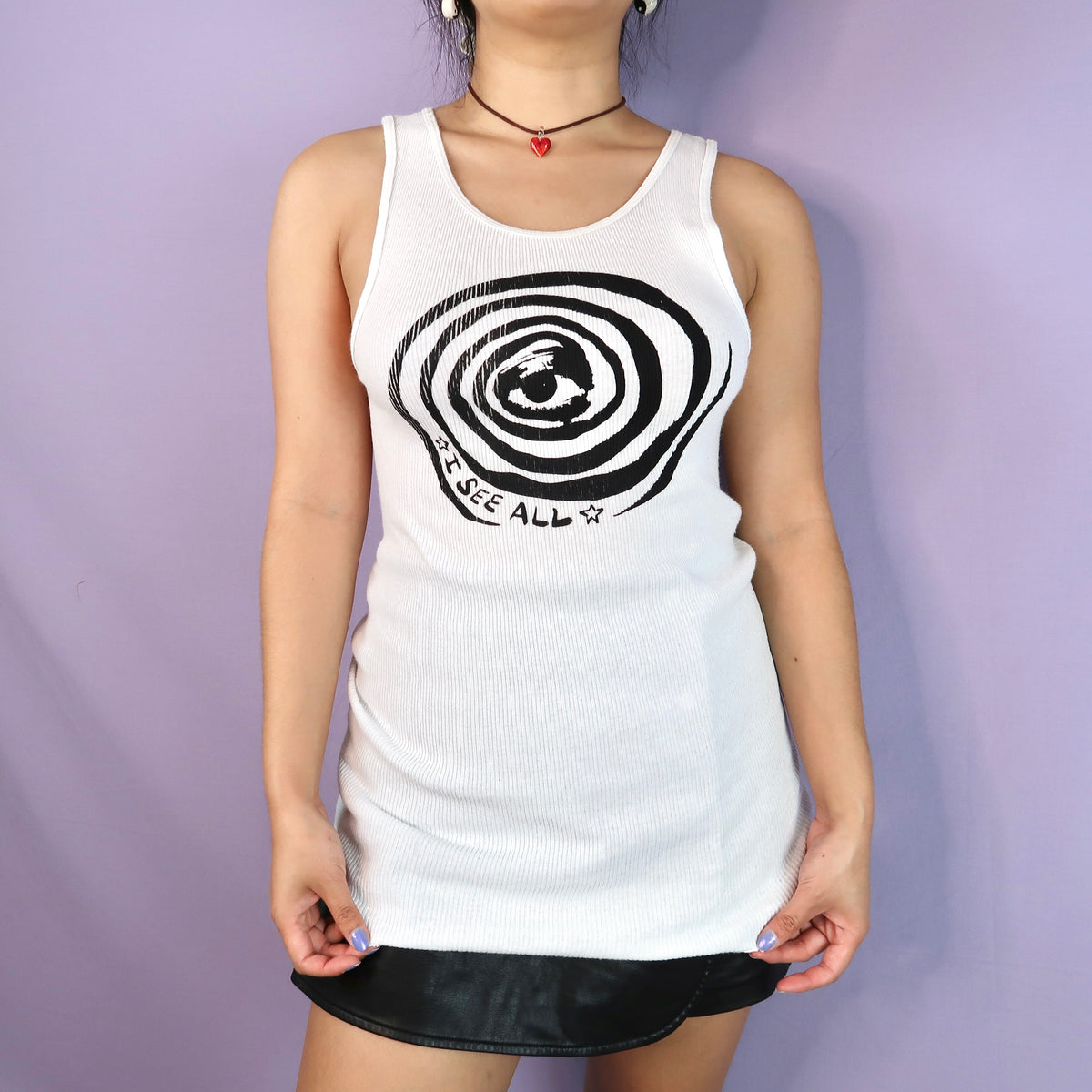 "I See All" (Eye Spiral) White Ribbed Tank - Large