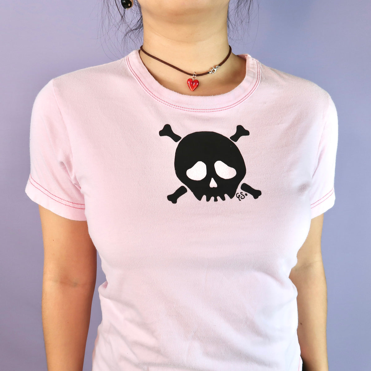 "Grim Skull" Pink Baby Tee - Medium