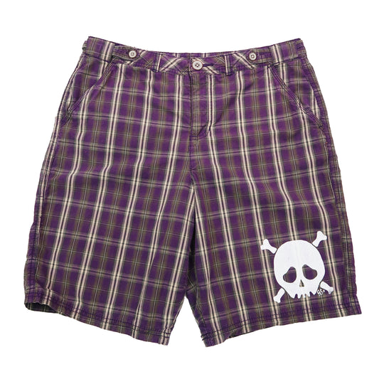 "Grim Skull" Purple Plaid Skater Shorts - Medium