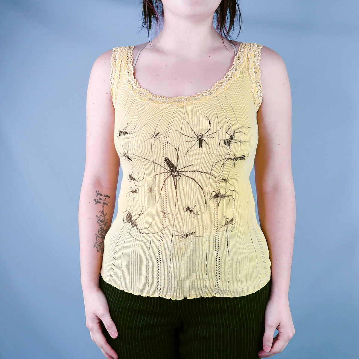 "I Love Spiders" Yellow Lace Tank Top - Small