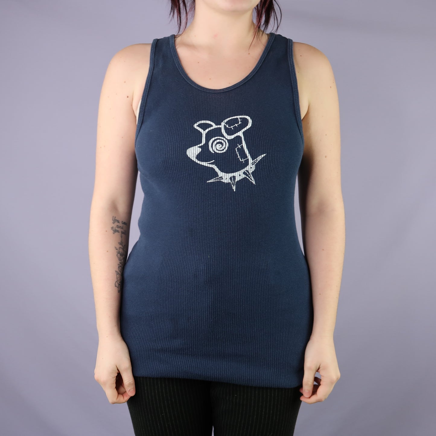 "Patches the Dog" Navy Blue Ribbed Tank - Large