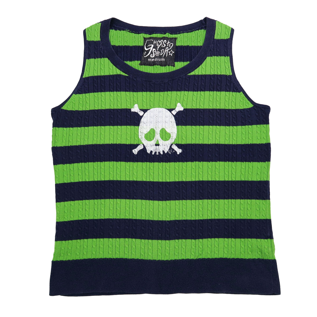 "Grim Skull" Navy and Green Striped Sweater Vest - Medium