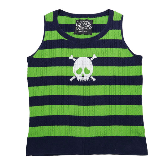 "Grim Skull" Navy and Green Striped Sweater Vest - Medium