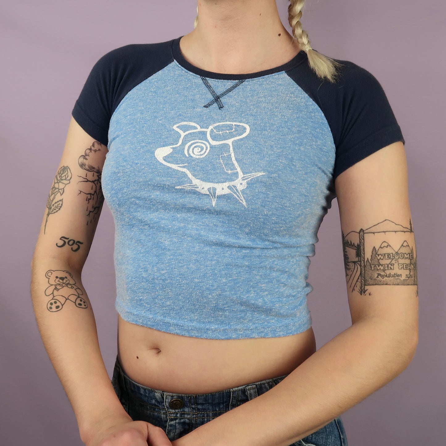 "Patches the Dog" Blue Raglan Baby Tee - X-Small