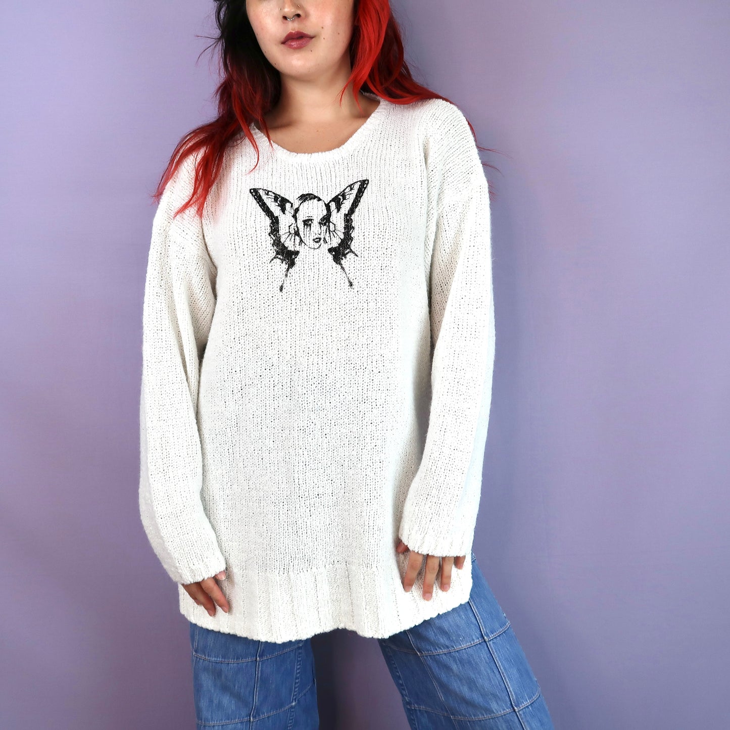 "Weeping Butterfly" White Sweater - Medium