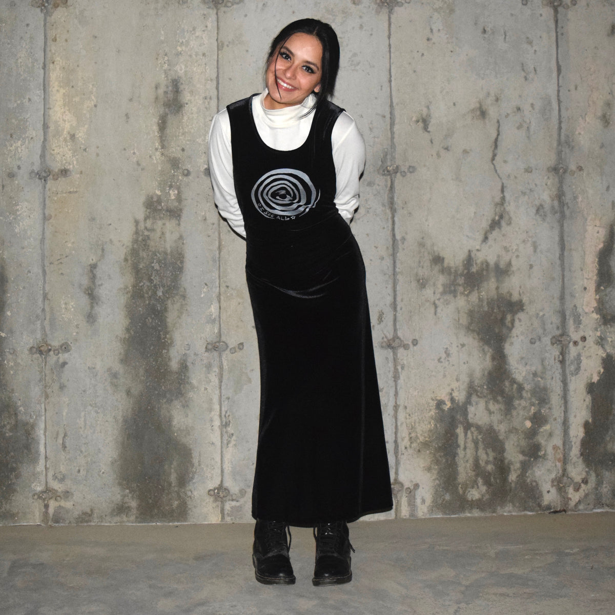 "I See All" (Eye Spiral) Black Velvet Maxi Dress - Medium