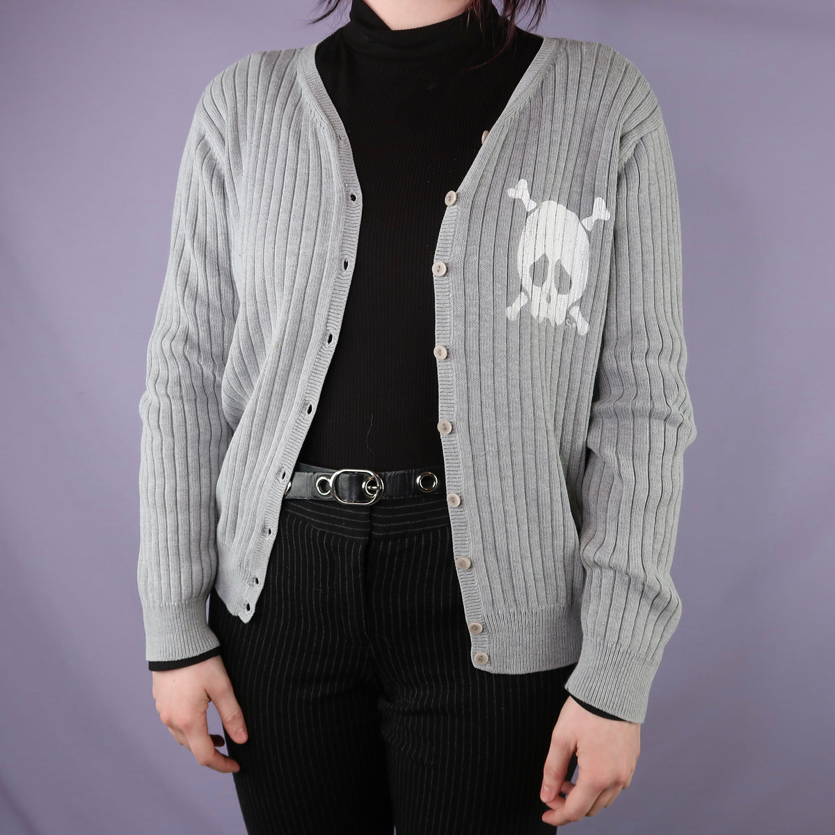 "Grim Skull" Light Grey Cardigan - Medium