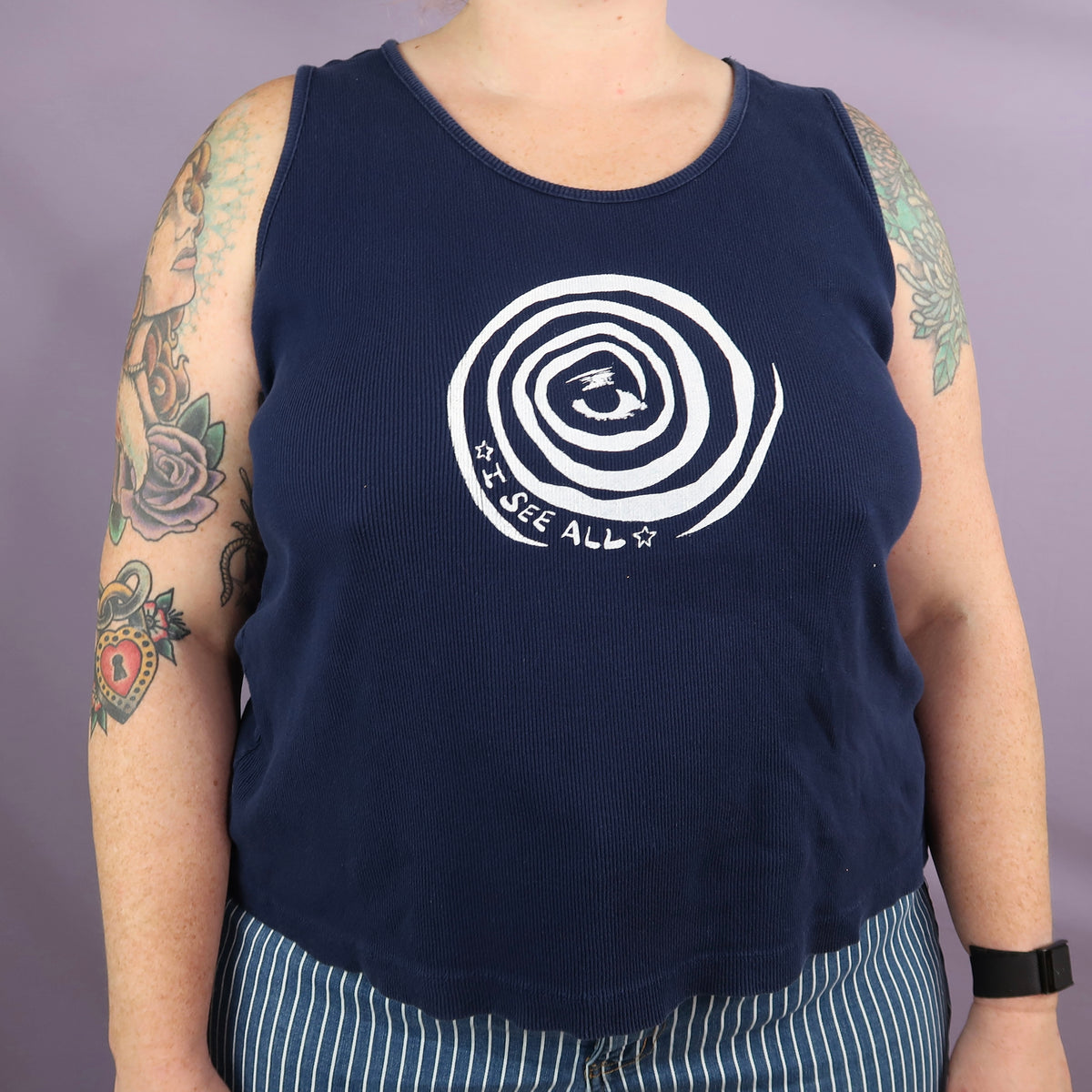 "I See All" (Eye Spiral) Navy Blue Ribbed Tank Top - XXXL