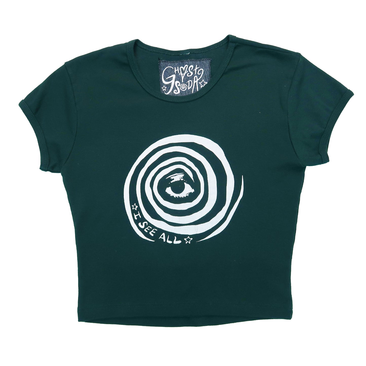 "I See All (Eye Spiral)" Forest Green Baby Tee - Small