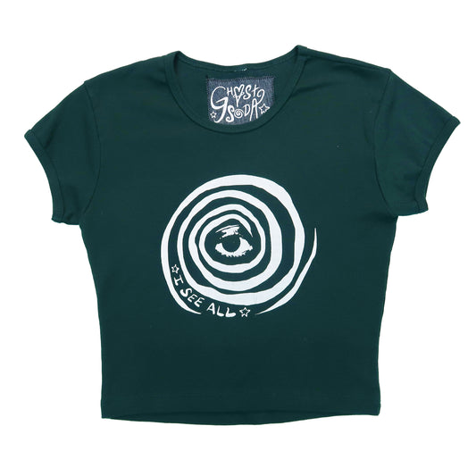 "I See All (Eye Spiral)" Forest Green Baby Tee - Small