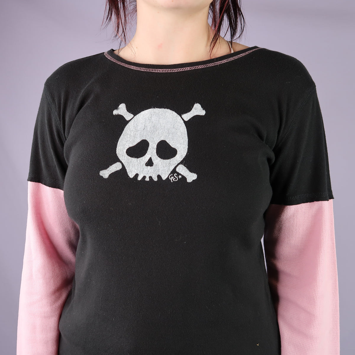 "Grim Skull" Pink and Black Layered Long Sleeve - Large
