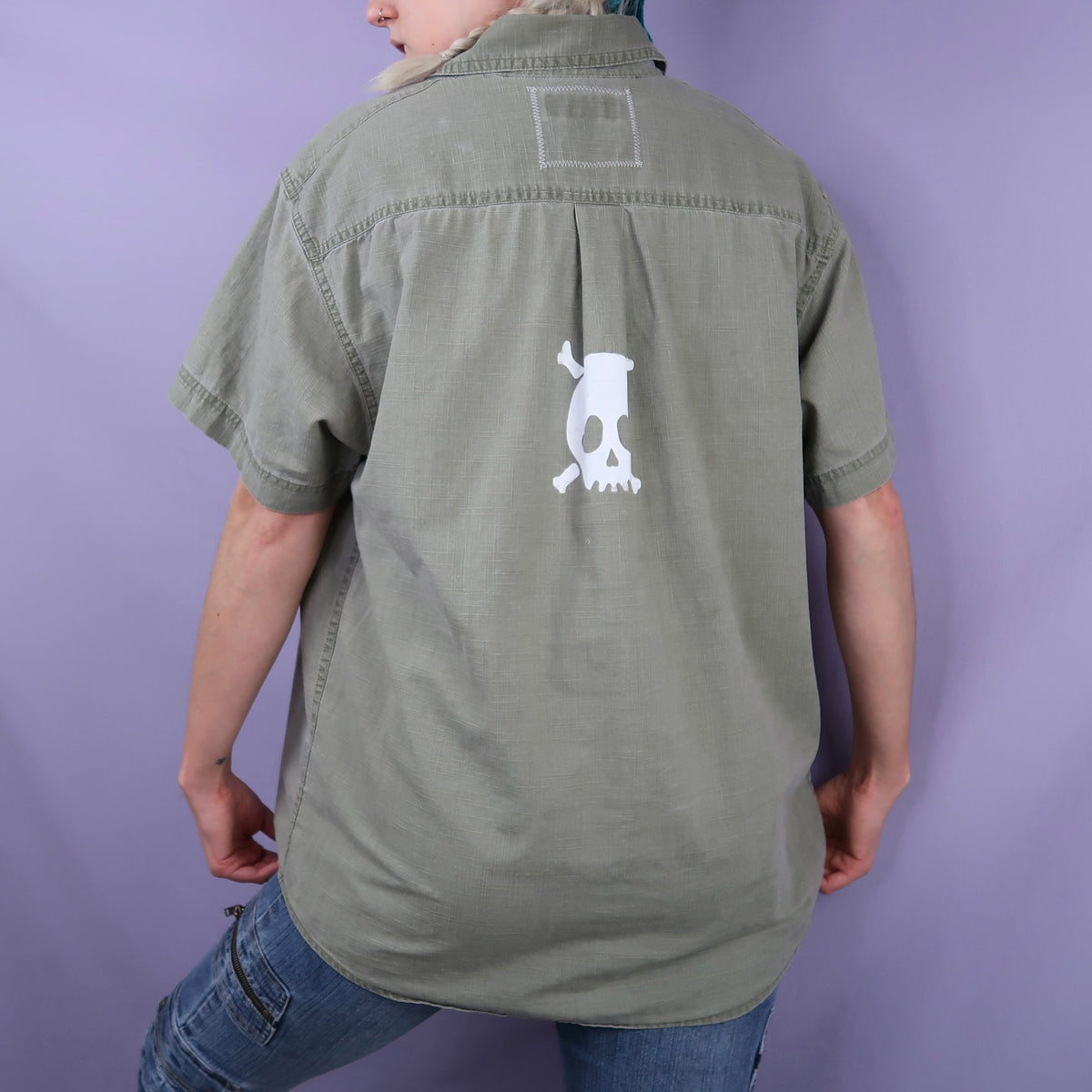 MISPRINT "Grim Skull" Army Green Button Down - Large