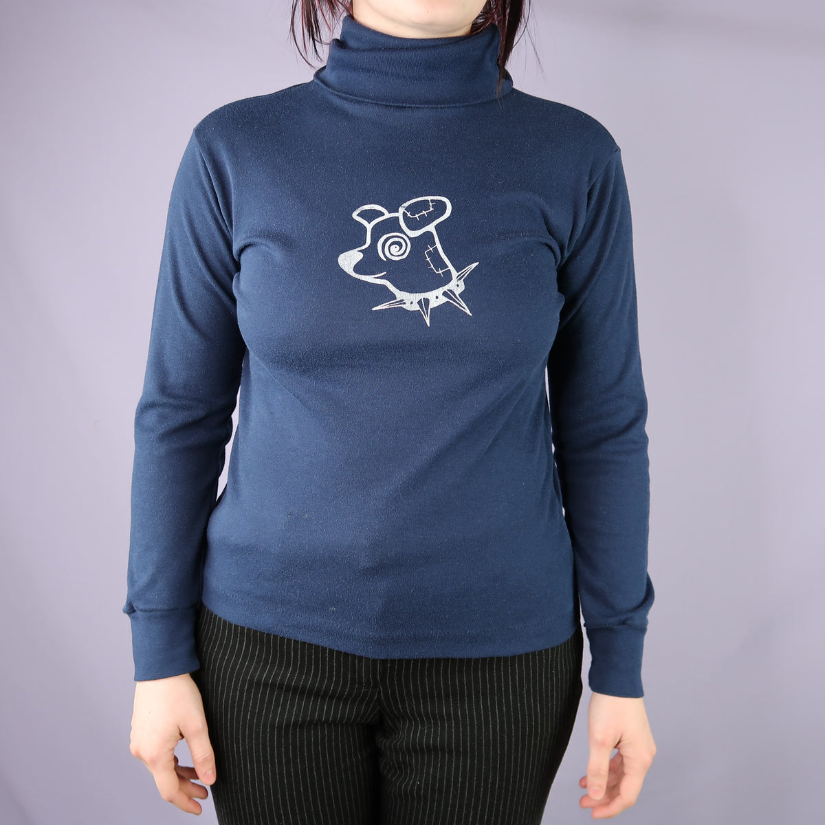 "Patches the Dog" Navy Blue Turtleneck Top - Small