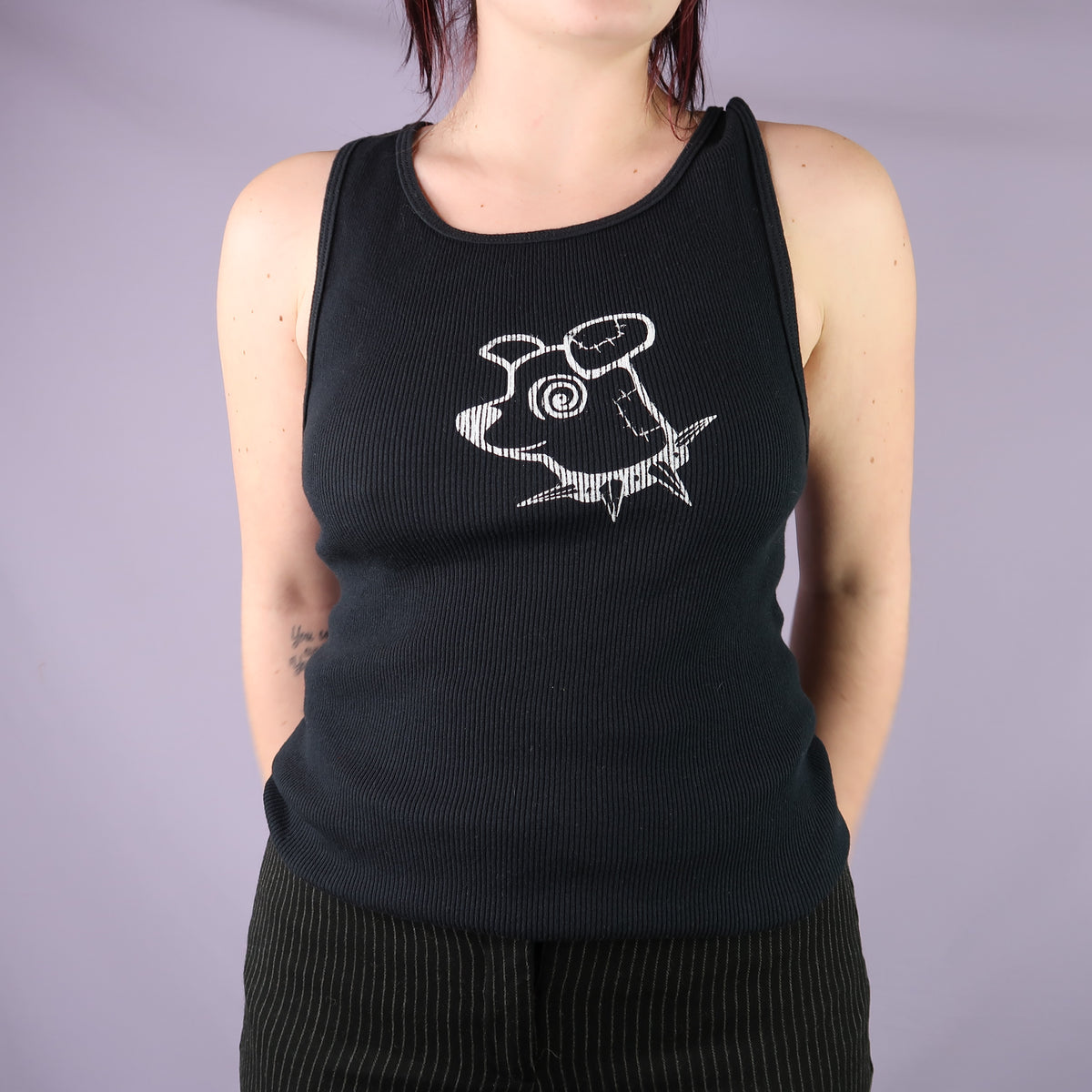 "Patches the Dog" Black Ribbed Tank - Large