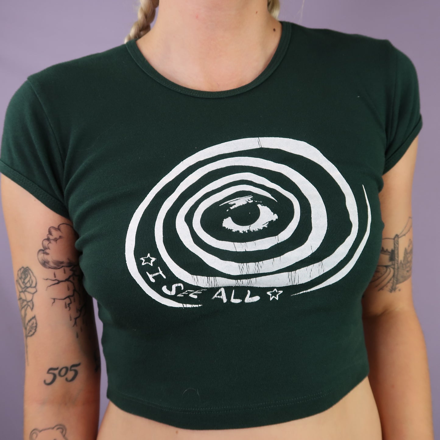 "I See All (Eye Spiral)" Forest Green Baby Tee - Small