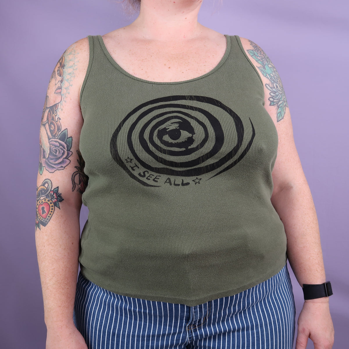 "I See All" (Eye Spiral) Army Green Ribbed Tank Top - 2XL