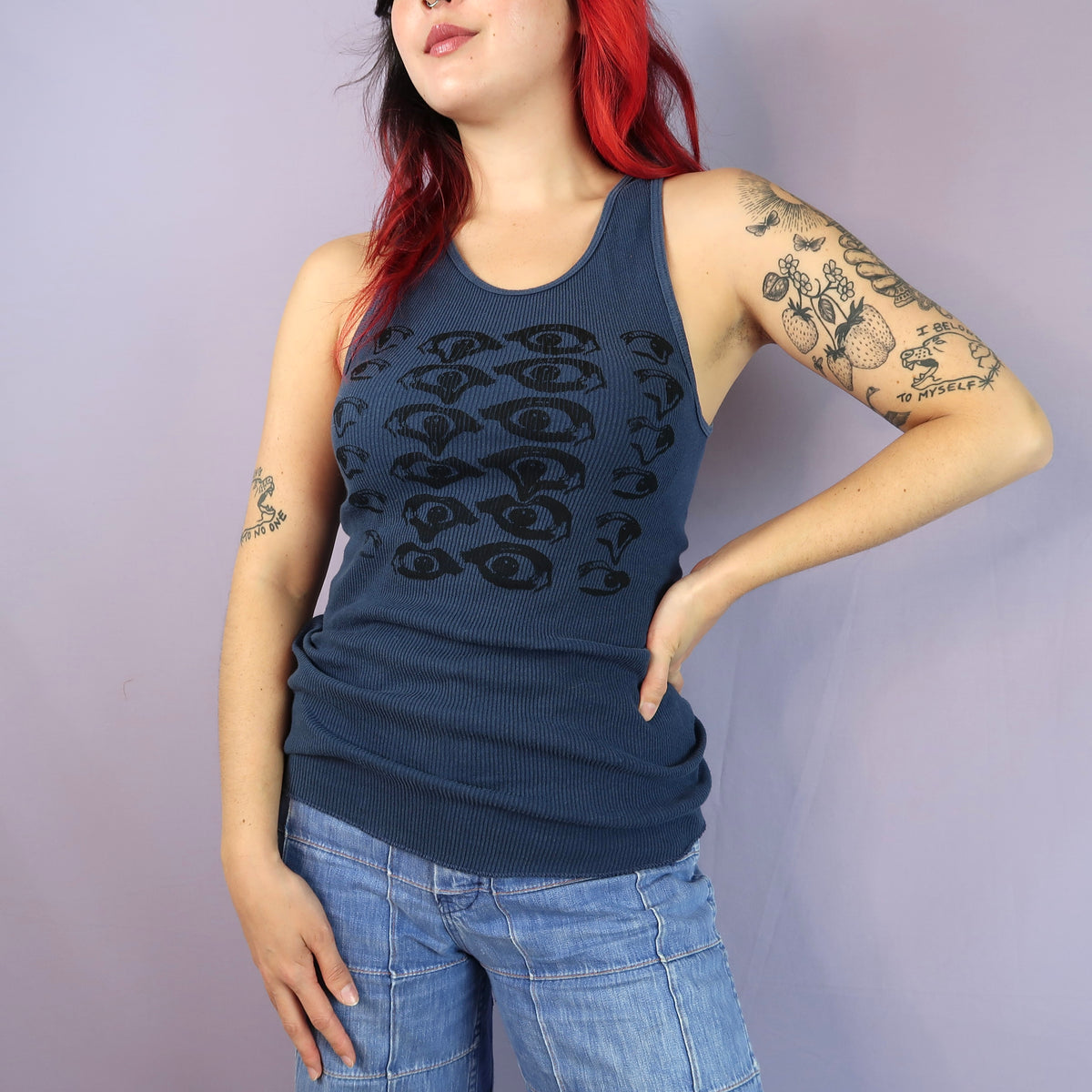 "Melted Visions" Navy Blue Ribbed Tank - Medium