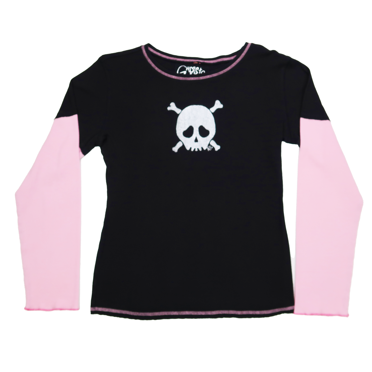 "Grim Skull" Pink and Black Layered Long Sleeve - Large