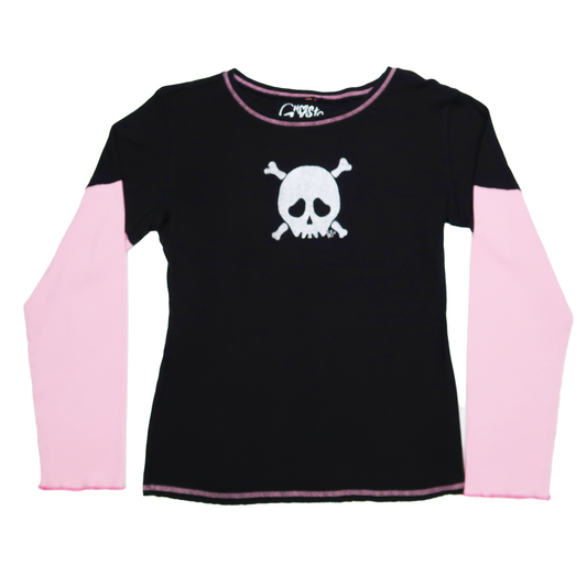 "Grim Skull" Pink and Black Layered Long Sleeve - Large