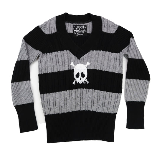 "Grim Skull" Gray and Black Striped Sweater - Large