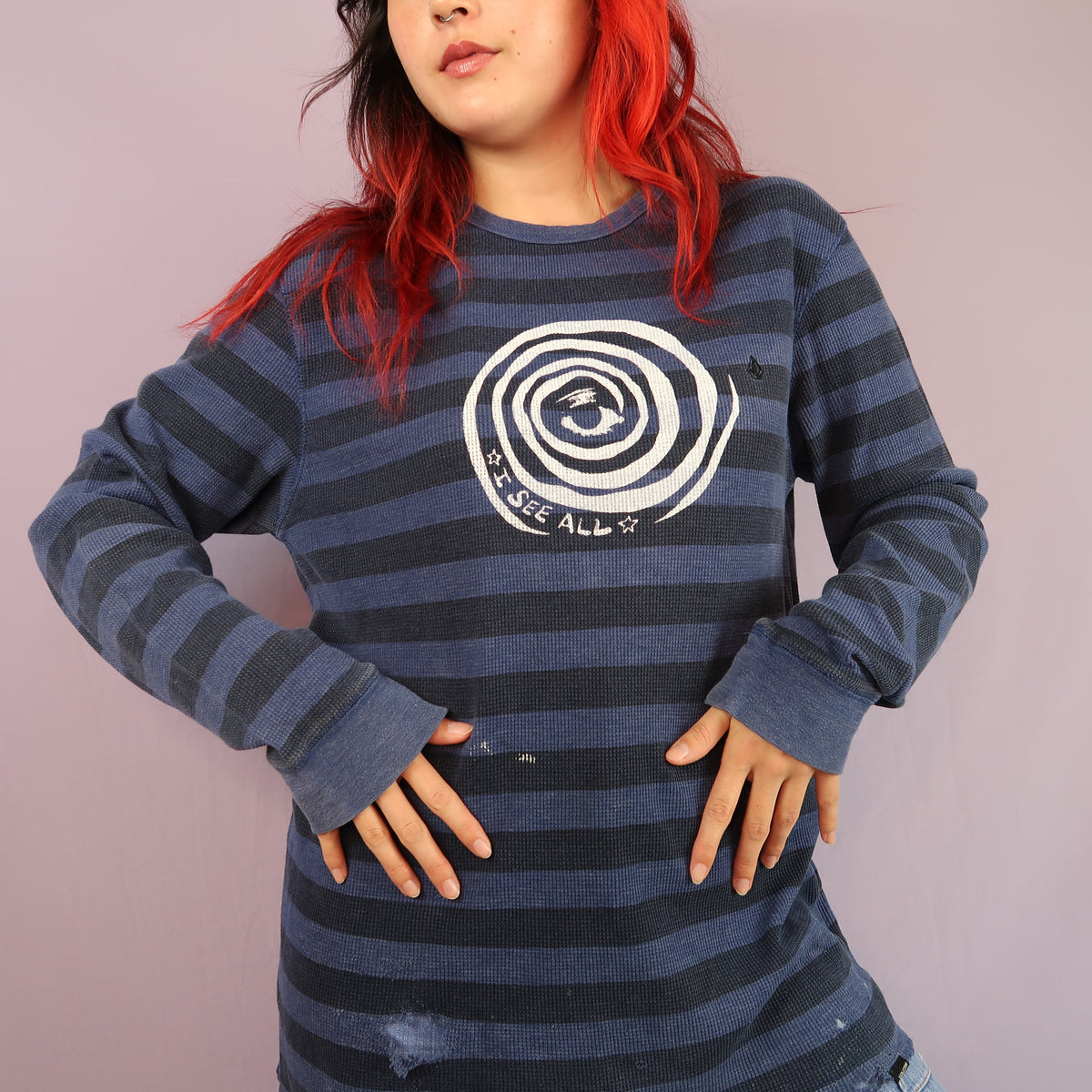 "I See All" (Eye Spiral) Blue Striped Thermal Long Sleeve - Large