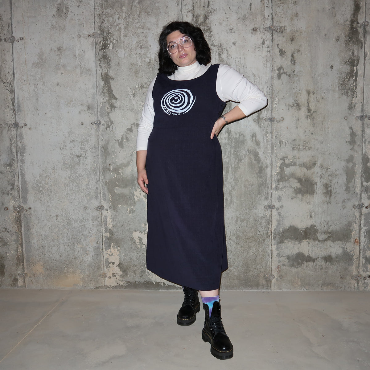 "I See All" (Eye Spiral) Navy Blue Plaid Maxi Dress - Extra Large