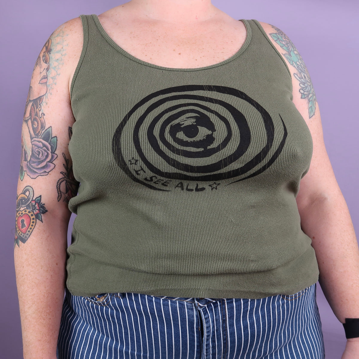 "I See All" (Eye Spiral) Army Green Ribbed Tank Top - 2XL