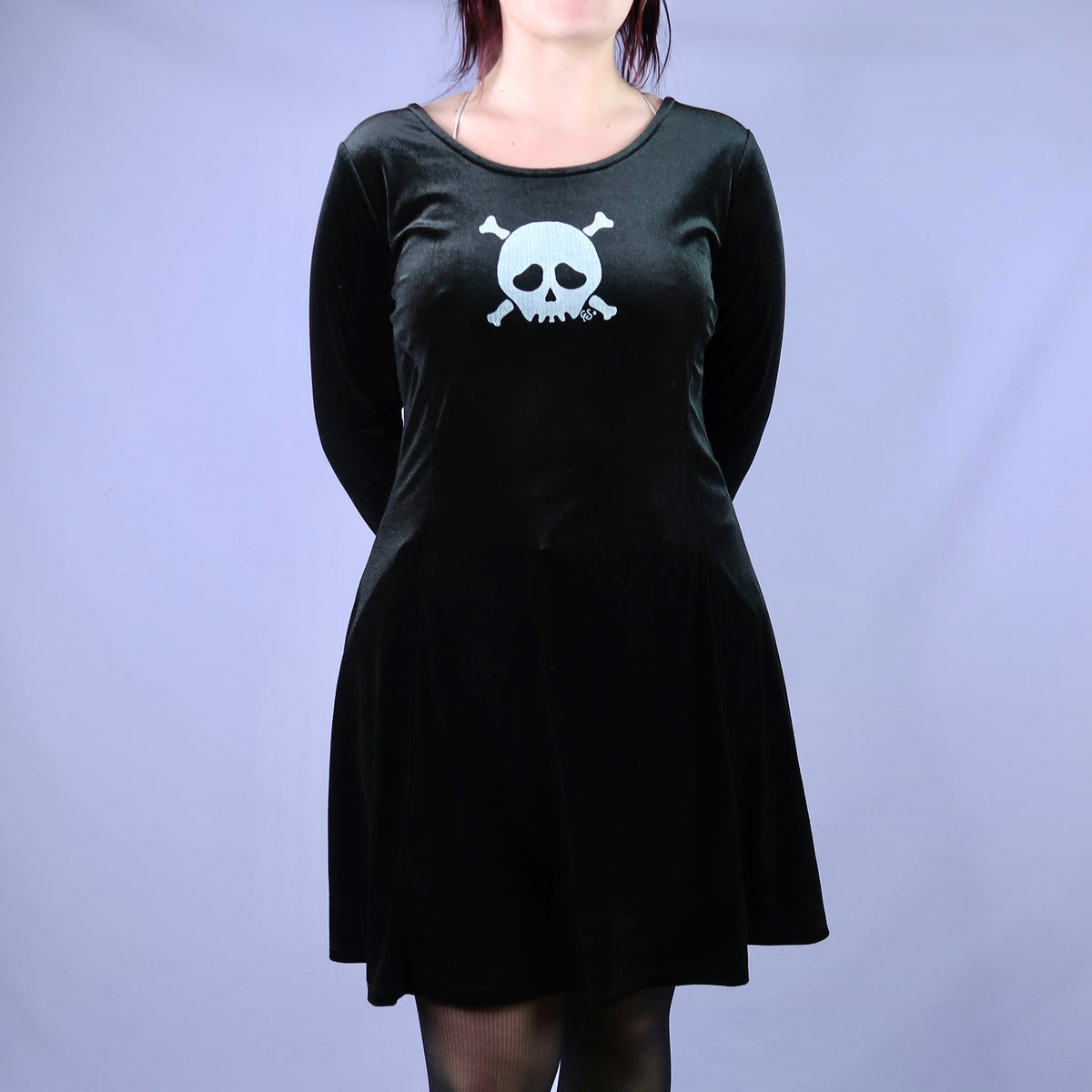 "Grim Skull" Wednesday Addams Black Velvet Dress - Medium
