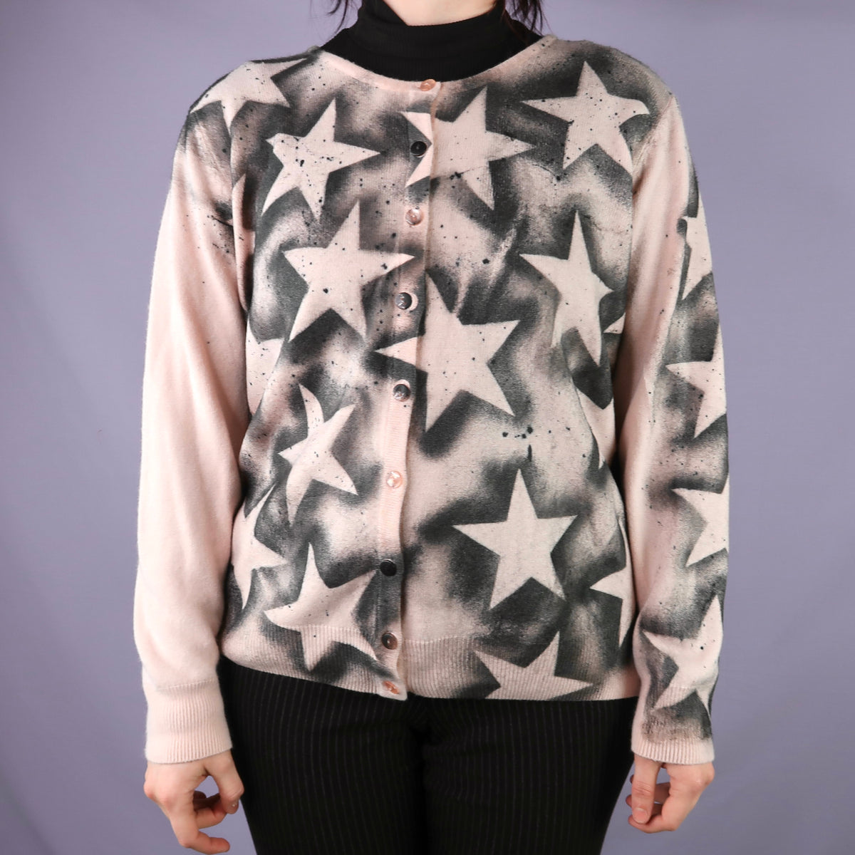 "Superstar" Light Pink and Black Star Cardigan - Medium