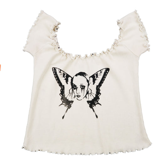 "Weeping Butterfly" Lettuce Hem Cream Top - Medium