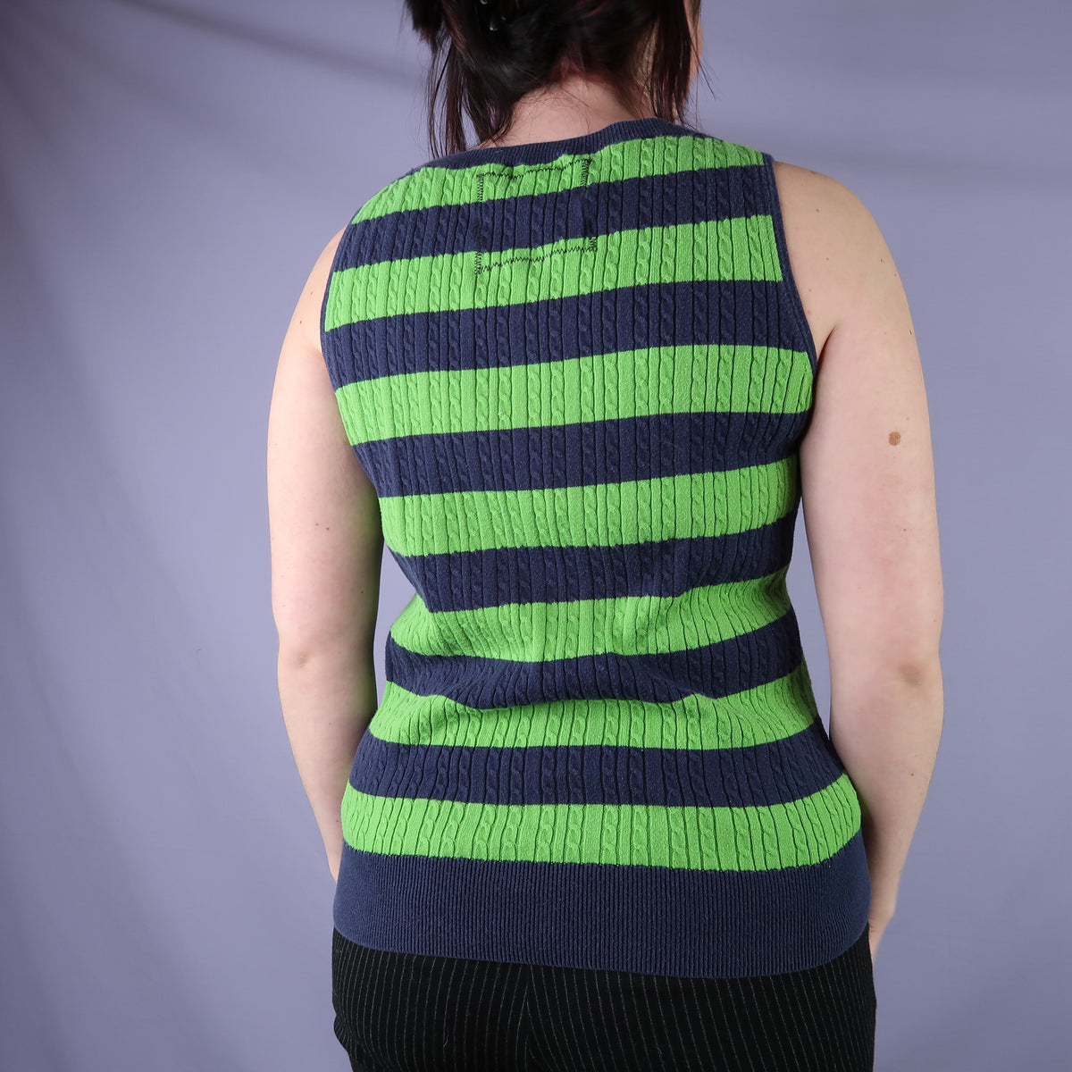 "Grim Skull" Navy and Green Striped Sweater Vest - Medium
