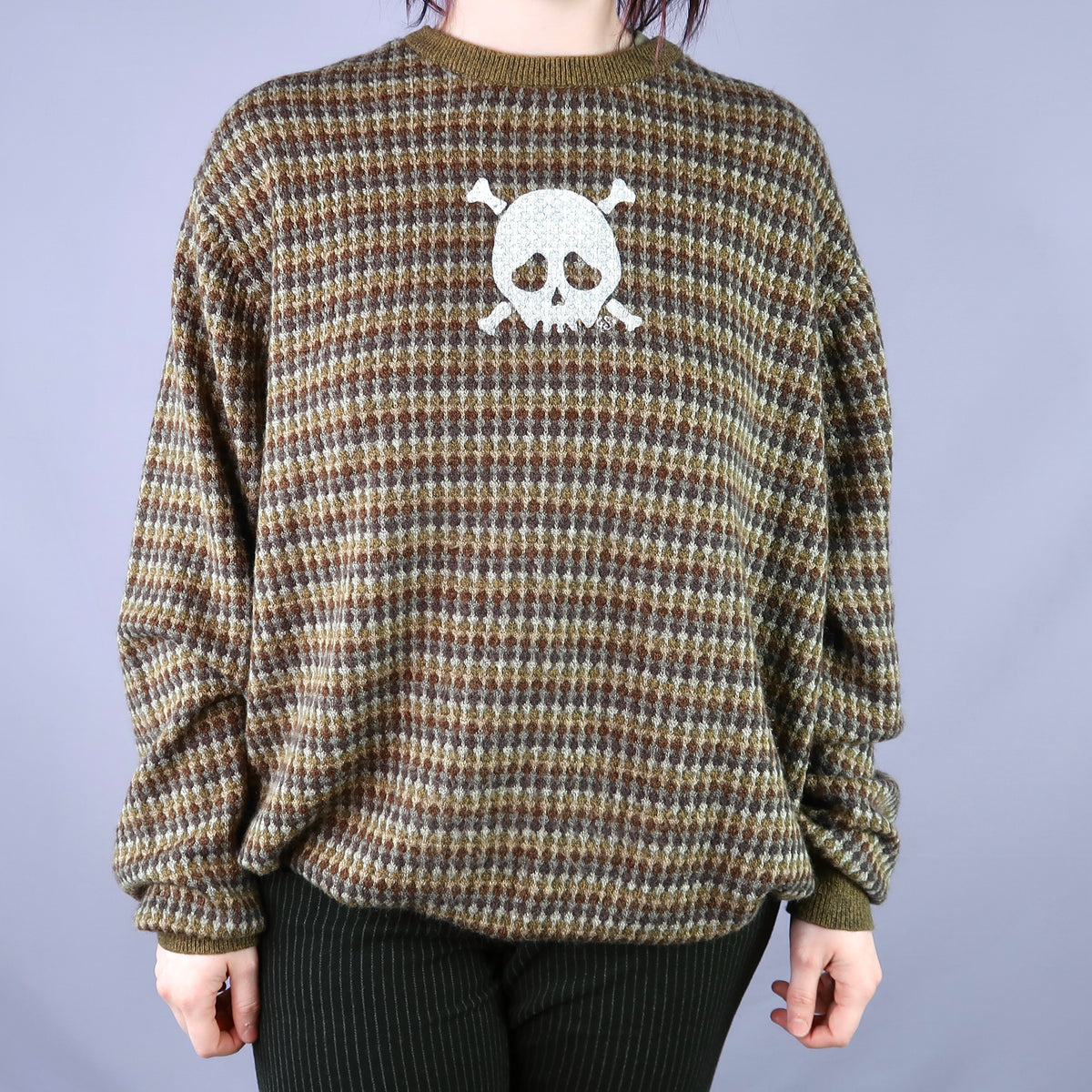 "Grim Skull" Brown Abstract Sweater - Large