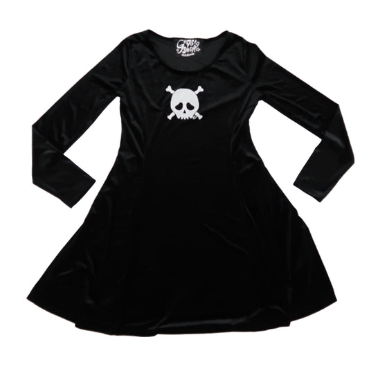 "Grim Skull" Wednesday Addams Black Velvet Dress - Medium