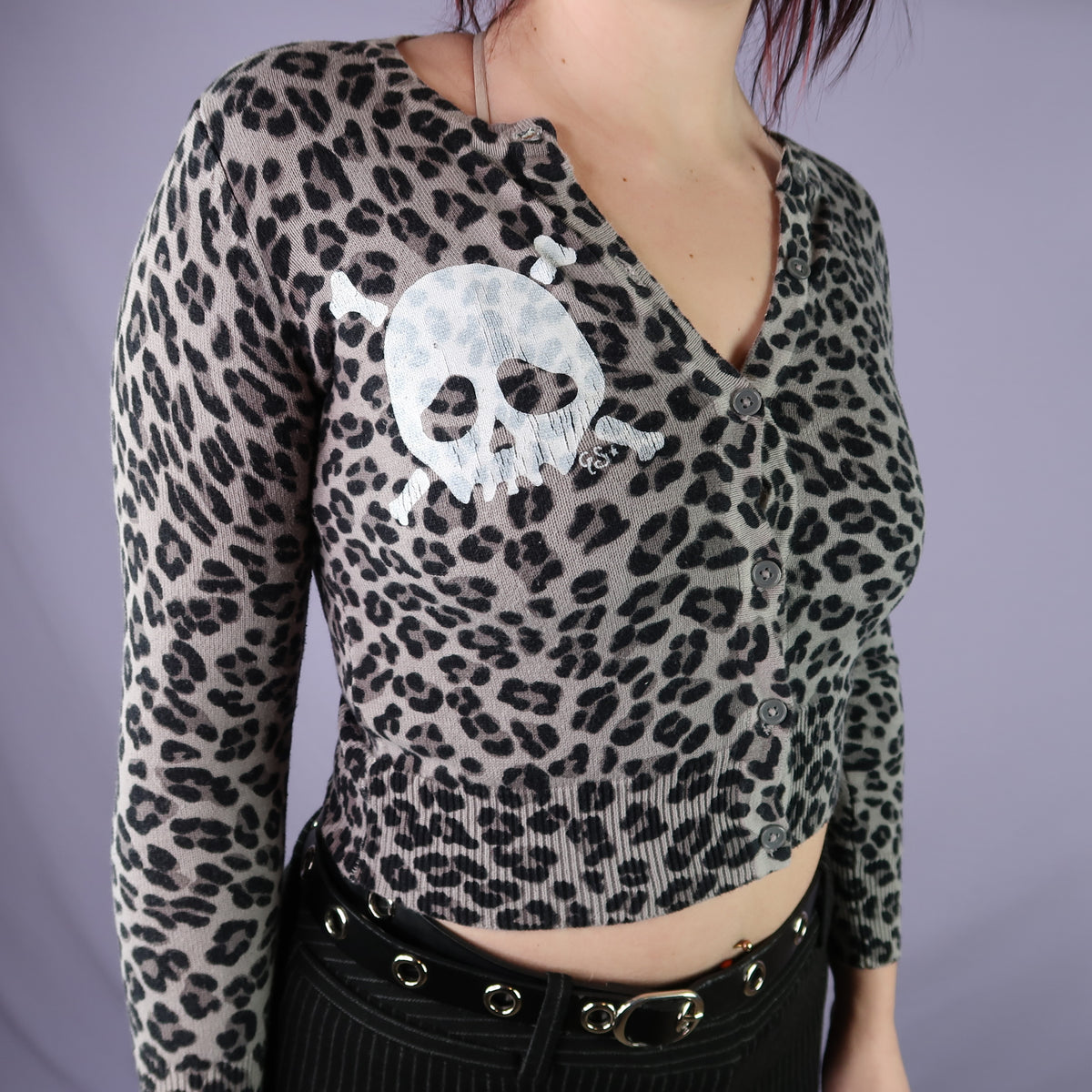 "Grim Skull" Cheetah Print Cardigan Top - XS