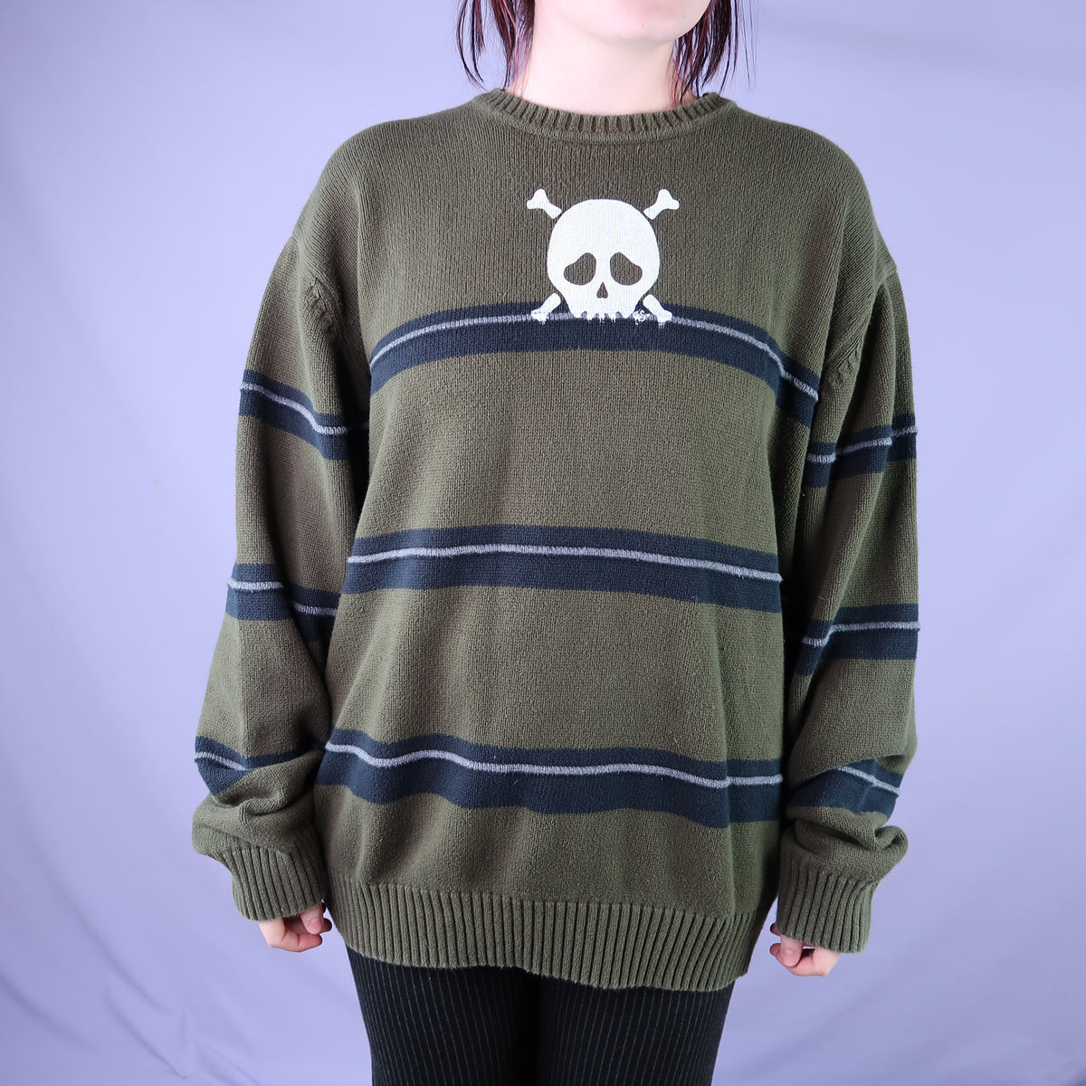 "Grim Skull" Army Green Striped Sweater - XL