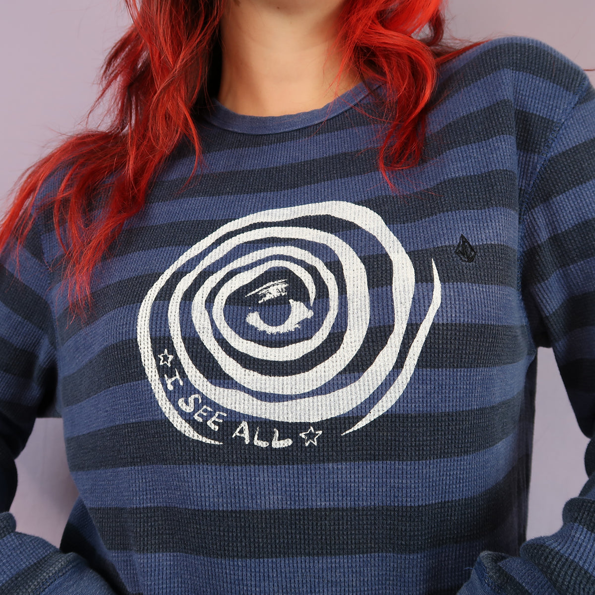 "I See All" (Eye Spiral) Blue Striped Thermal Long Sleeve - Large