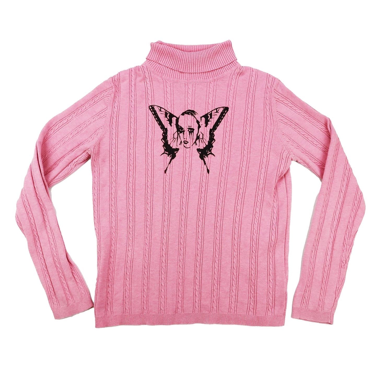 "Weeping Butterfly" Pink Knit Turtleneck - Medium
