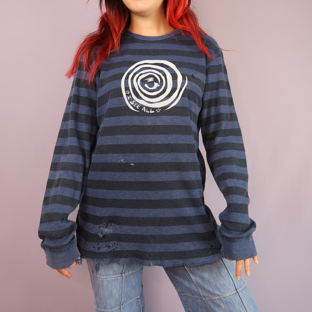 "I See All" (Eye Spiral) Blue Striped Thermal Long Sleeve - Large