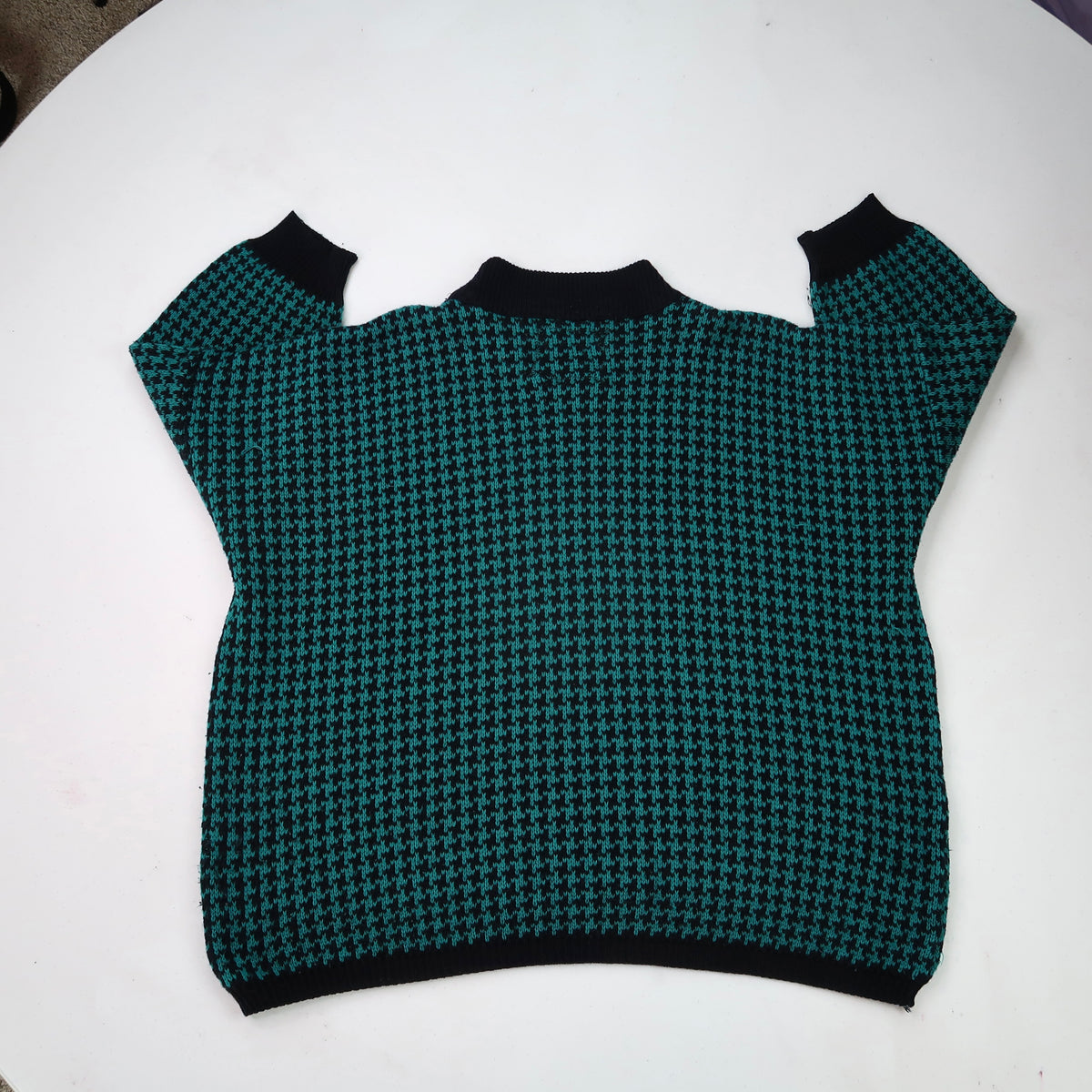 "I See All" (Eye Spiral) Green and Black Houndstooth Sweater - XL