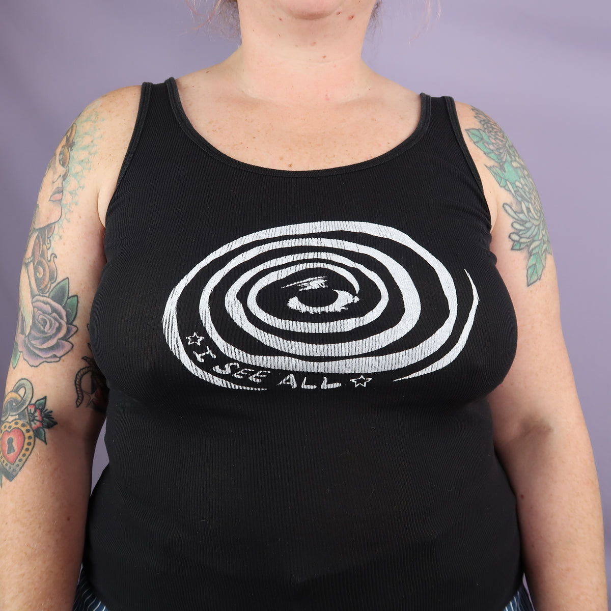 "I See All" Black Ribbed Tank Top - Large