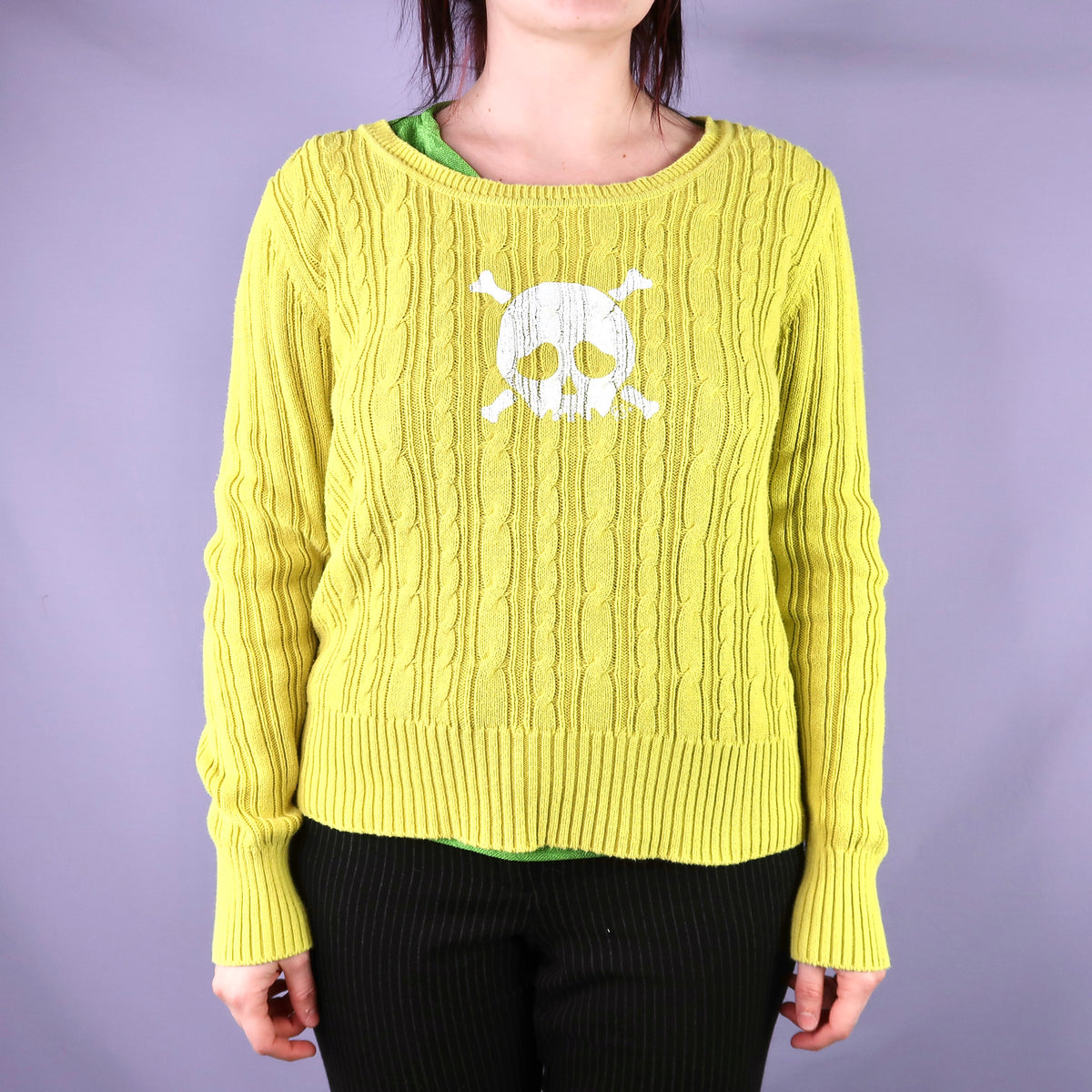 "Grim Skull" Chartreuse Knit Sweater - Medium