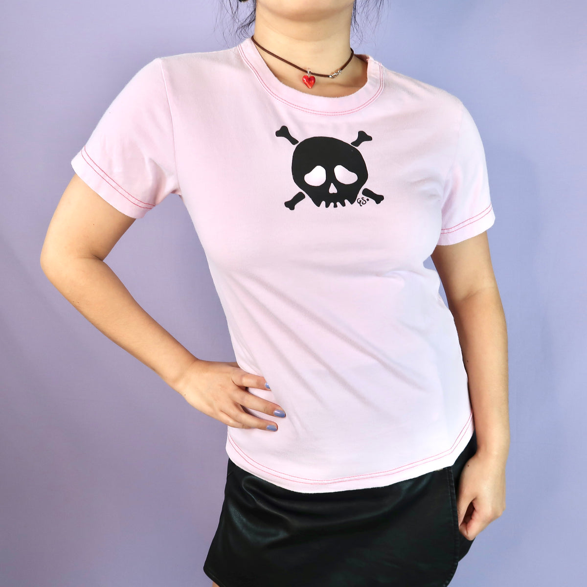 "Grim Skull" Pink Baby Tee - Medium