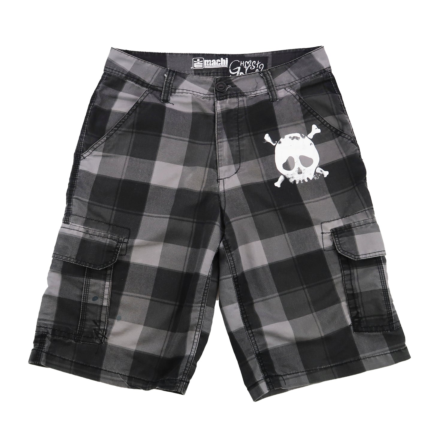 MISPRINT "Grim Skull" Gray Plaid Skater Shorts - Medium