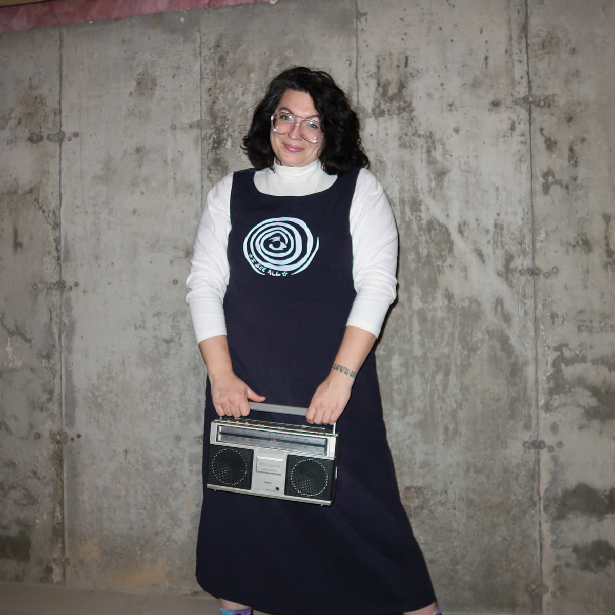 "I See All" (Eye Spiral) Navy Blue Plaid Maxi Dress - Extra Large