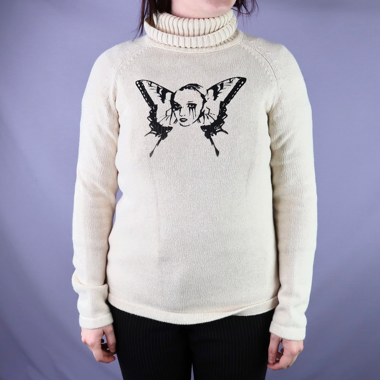"Weeping Butterfly" Cream Turtleneck Sweater - Medium
