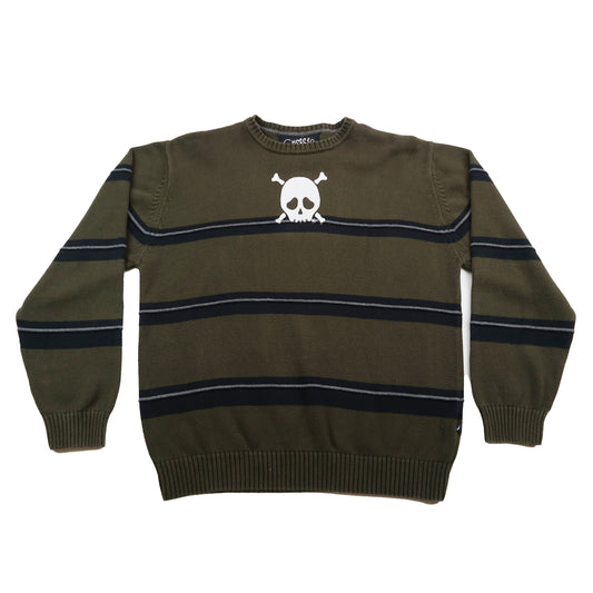 "Grim Skull" Army Green Striped Sweater - XL
