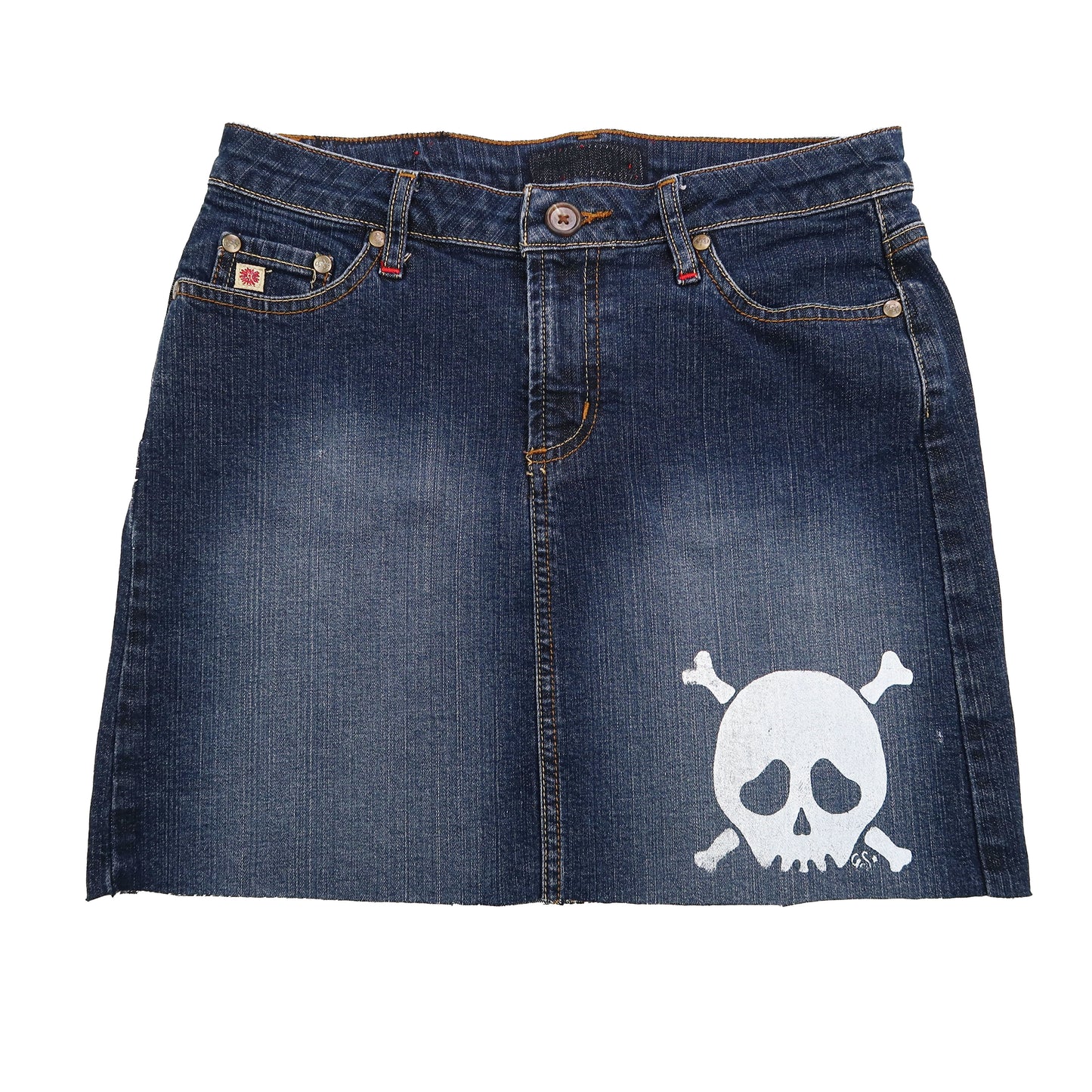 "Grim Skull" Dark Wash Denim Skirt - Small