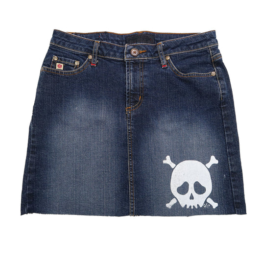 "Grim Skull" Dark Wash Denim Skirt - Small