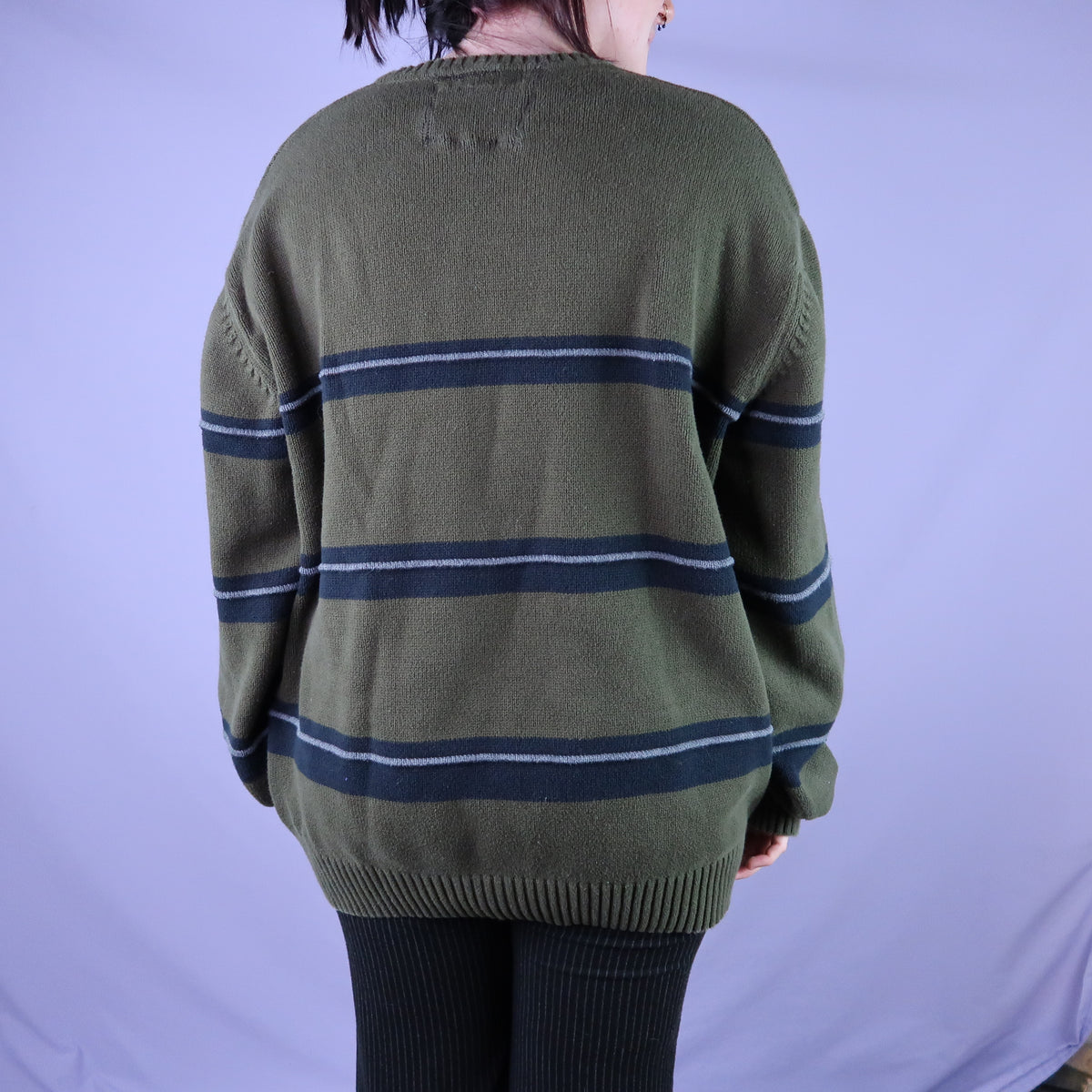 "Grim Skull" Army Green Striped Sweater - XL